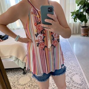 Pink Striped Floral Halter Top